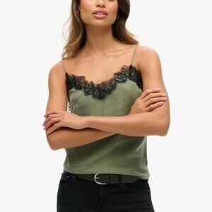 Express Army Green Spaghetti Strap Tank Top Cami with Black Lace Trim Size Small